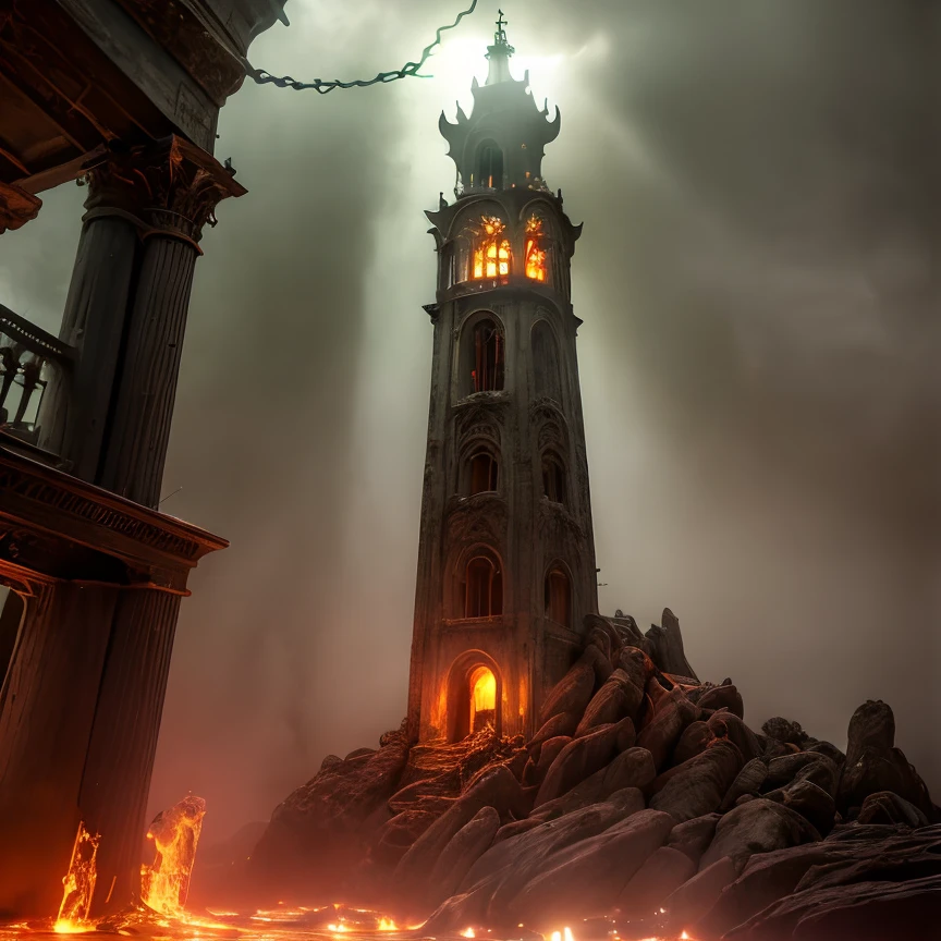 (masterpiece:1.2), (best quality,:1.2), 8k, HDR, ultra detailed, ((photorealistic)), professional light, cinematic lighting, fashion photography, ambient lighting, atmospheric effects, a sinister gothic tower on an island in a sea of fire, <lora:RealmsOfFire-10:1>, epiCPhoto