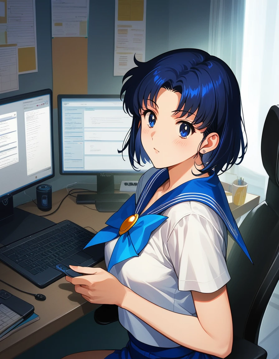 score_9, score_8, score_7, source_anime,
rating_safe,
1girl, solo,
sailor mercury, blue hair, blue eyes, short hair,
computer tower, working, office
art by mitsumi misato