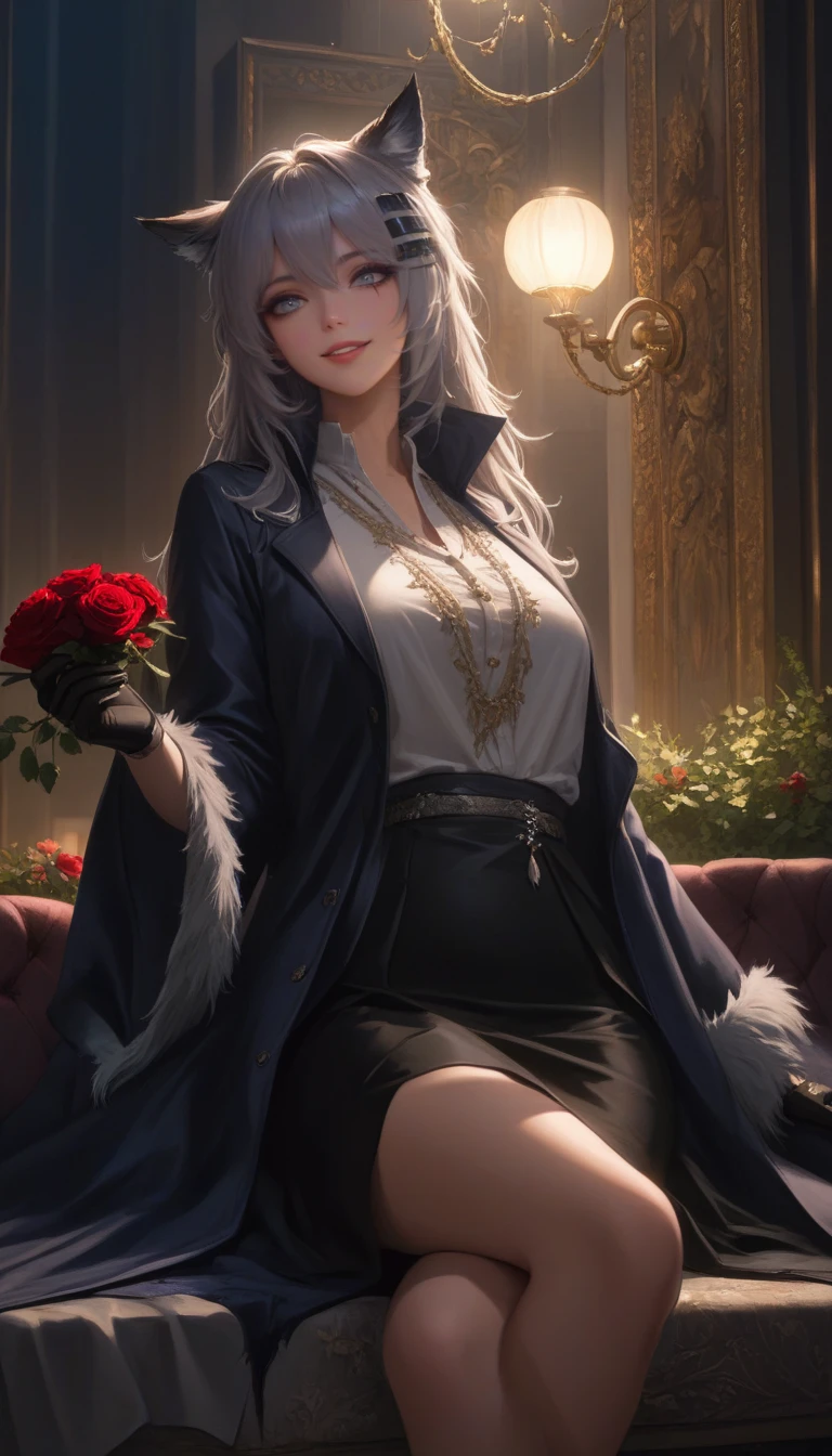  scar across eye, lappland_(refined_horrormare)_(arknights), 1girl, solo,long hair, looking at viewer, smile, bangs, blue eyes, skirt, shirt, hair ornament, gloves, long sleeves,dress,holding, animal ears, sitting, white shirt, flower, grey hair, boots, parted lips, open clothes, black gloves, hairclip, indoors, hand up,wide sleeves,black skirt, black footwear, grin, black dress, official alternate costume,  coat, feet out of frame, rose, wolf ears, knee boots, crossed legs,red flower, drinking glass, open coat, black coat, red rose

(masterpiece, best quality), dim light, cinematic shot, absurdres, HD, 8k, beautiful, detailed, sharp, cinematic lighting, highest quality, ((perfect face, very deep eyes)), Milf, mature female,
(masterpiece, best quality), dim light, cinematic shot, absurdres, HD, 8k, beautiful, detailed, sharp, cinematic lighting, highest quality, ((perfect face, very deep eyes)), Milf, mature female,