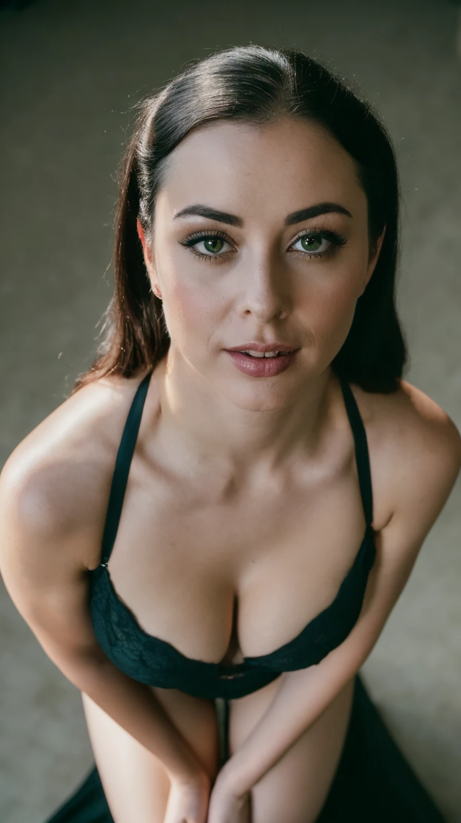 female, relaxed, backlit, (Deep Focus), contrast, (f_stop 2.8), (focal_length 35.0) f/2.8, 35mm focal length, Photograph of (view from above:1.42), analog photo, silhouette, spotlight, upper body view showing her face and (cleavage:1.15), large breasts,
<lora:Jessica_Dupont:1> high ponytail, black and violet hair, green eyes,
(lustful facial expression, lusty, lascivious:1.3), 1950s, dark background, warm colors, RAW candid cinema, 16mm, color graded portra 400 film, remarkable color, ultra realistic, captured on a (Fujifilm X-Pro3) / (f_stop 16.0), (focal_length 24.0),