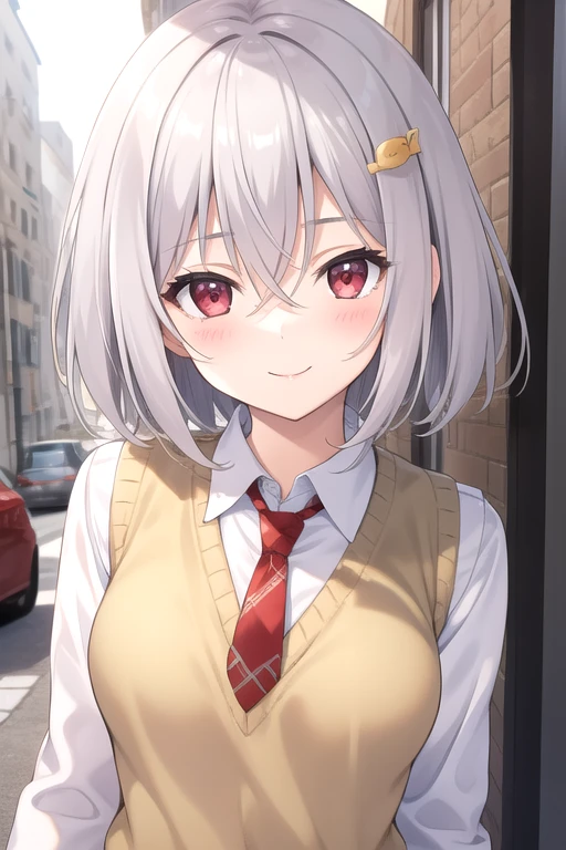 ((masterpiece)),(best quality),official art,extremely detailed CG,unity 8k wallpaper,ultra detailed,beautiful detailed eyes,extremely detailed face,street,1girl,solo,upper body,(portrait:1.5),looking at viewer,facing viewer,smile,yukihira furano,alpaca hair ornament,short hair,silver hair,hair between eyes,red eyes,blush,sweater vest,yellow sweater,collared shirt,white shirt,red necktie,long sleeves,medium breasts,grey skirt,pleated skirt,miniskirt,black socks,loafers,<lora:Yukihira Furano(noucome)>,