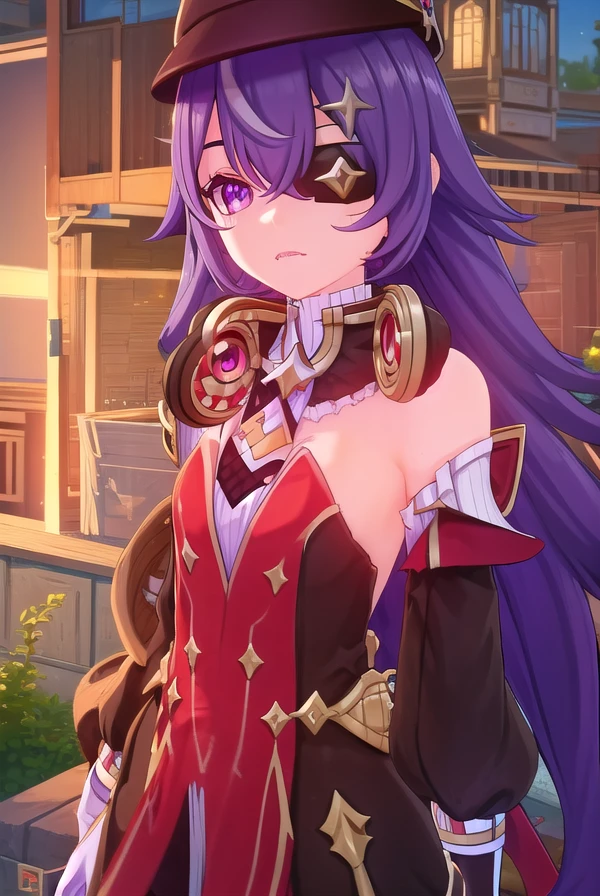 chevreuse, <lora:genshin chevreuse ingame-lora-nochekaiser:1>,
chevreuse, long hair, bangs, hair between eyes, (purple eyes:1.1), purple hair, (eyepatch:1.5),
BREAK gloves, hat, dress, bare shoulders, detached sleeves,
BREAK outdoors,
BREAK looking at viewer, (cowboy shot:1.5),
BREAK <lyco:GoodHands-beta2:1>, (masterpiece:1.2), best quality, high resolution, unity 8k wallpaper, (illustration:0.8), (beautiful detailed eyes:1.6), extremely detailed face, perfect lighting, extremely detailed CG, (perfect hands, perfect anatomy),