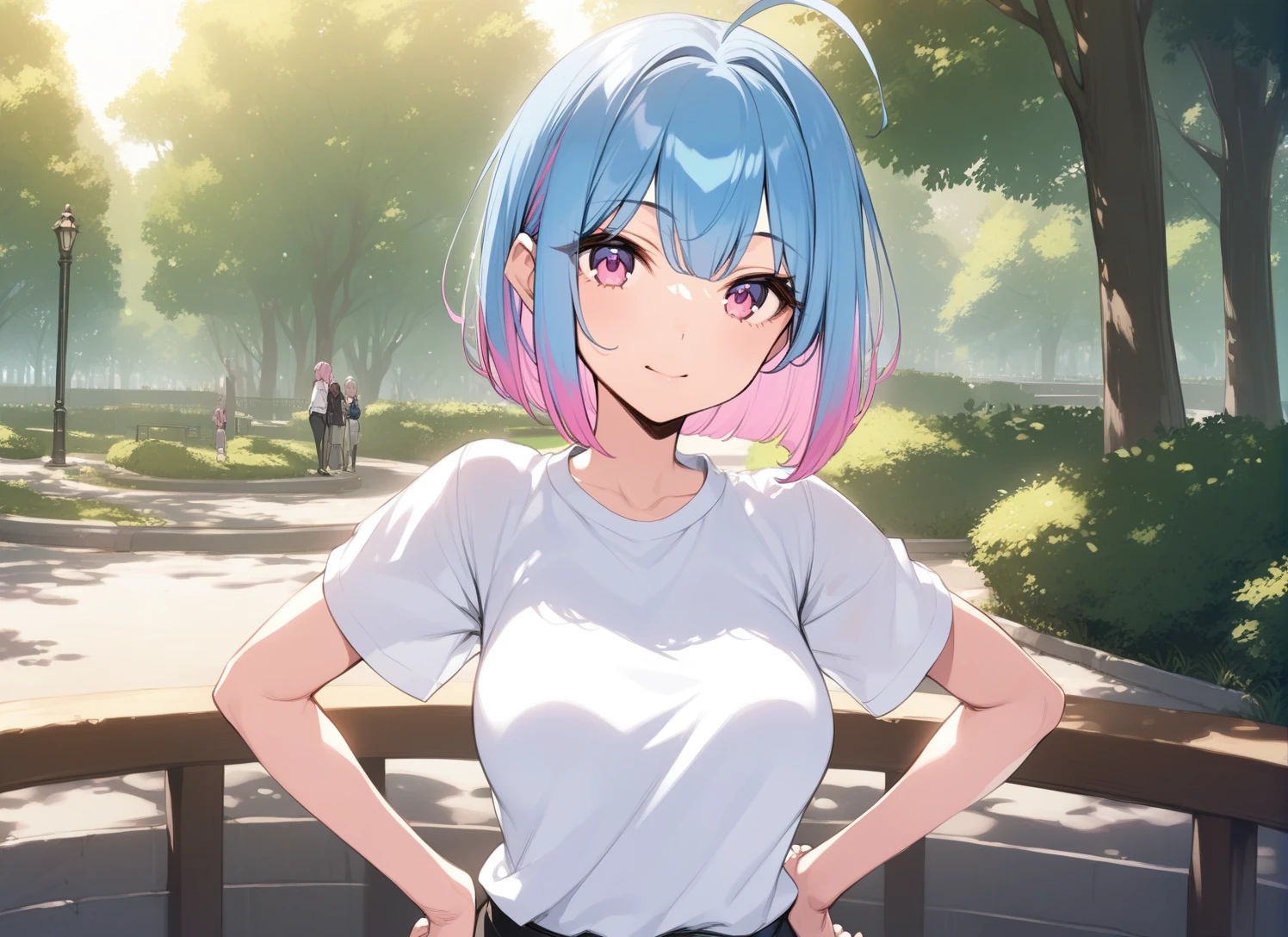 anime screencap, visual novel, (artwork), (masterpiece), (amazing work), (masterpiece), <lora:ke-ta_3-000003:0.7>, solo, ke-ta, large breasts, blunt ends, short hair, upper body, pink eyes, (blue hair:1.1), (pink gradient hair:1.2), hair behind ear, white shirt, (huge ahoge, ahoge:1.1), park, standing, bob cut, happy, hands on hips, pink colored tips, looking at viewer