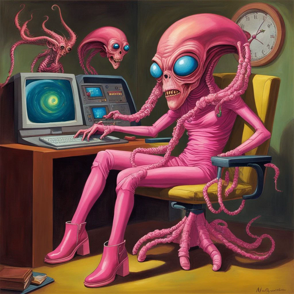 an alien woman in pink boots sitting on a chair in front of a computer desk VintageMagStyle <lora:SDXL-VintageMagStyle-Lora:0.8> but the old gods are rising <lora:Old_gods_rising_SDXL:0.8>