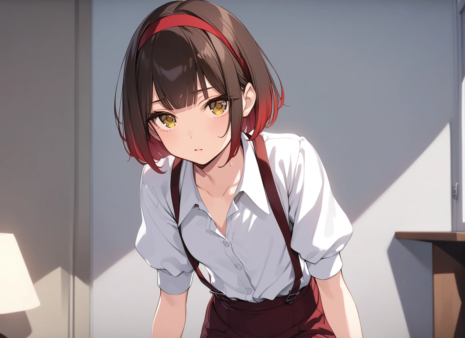 anime screencap, visual novel, (artwork), (masterpiece), (amazing work), (masterpiece), <lora:ke-ta_3-000003:0.7>, solo, ke-ta,brown hair, (red highlights, red colored tips:1.2), (hairband, red hairband:1.1), (yellow eyes:1.1), short hair, small, small breasts, bangs, gradient hair, solo, cute, contemporary, white shirt, suspenders, skirt, (solo:1.1)