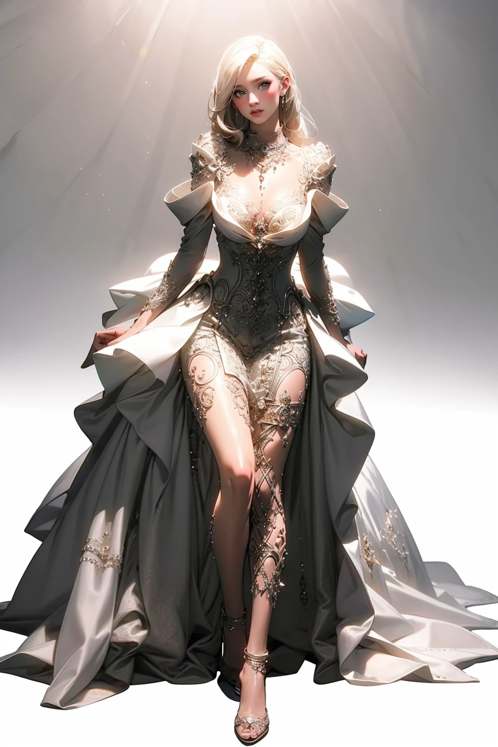 1girl,solo,medium breasts,outdoors,white background,<lora:GoodHands-beta2:1>,(full body:1.3),thigh gap,standing,<lora:0254 Palace style wedding dress_v1:0.9>,ruanyi0254,jewelry,necklace,white dress,wedding dress,blonde hair,very long hair,, (masterpiece, best quality, hires, high resolution:1.2), (extremely detailed, realistic, intricate details, highres), 3d, cg, bbw, shiny skin, , blush,, eyeliner, eyeshadow, eyelashes,, (gigantic breasts, saggy breasts:1.1), (cinematic lighting, sunlight, volumetric), looking at viewer, , vintage fantasy, 1960s \(style\), film grain,