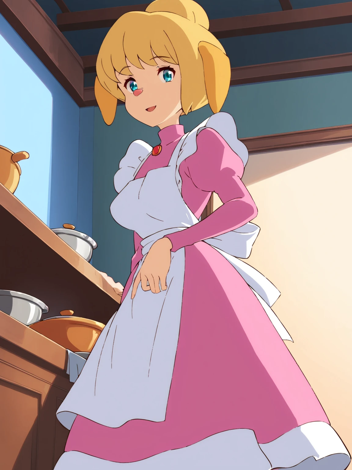 score_9, score_8_up, score_7_up,best quality, 4k, uncensored,  prefect lighting,  rating_explicit, very aesthetic,
1girl,solo,zzhudaa,(furry female, animal nose:1.2) ,1girl, solo, blonde hair, short hair, hair bun, blue eyes
,pink maid ,long skirt, turtleneck,white thighhighs, garter straps
,  smile,open mouth,medium breasts, looking at viewer,cinematic pose,upper body,
indoor, standing ,cooking on kitten,
magazine cover, cinematic angle and cinematic pose, newest,official art ,
<lora:SHHudson_Animaginev1:1>