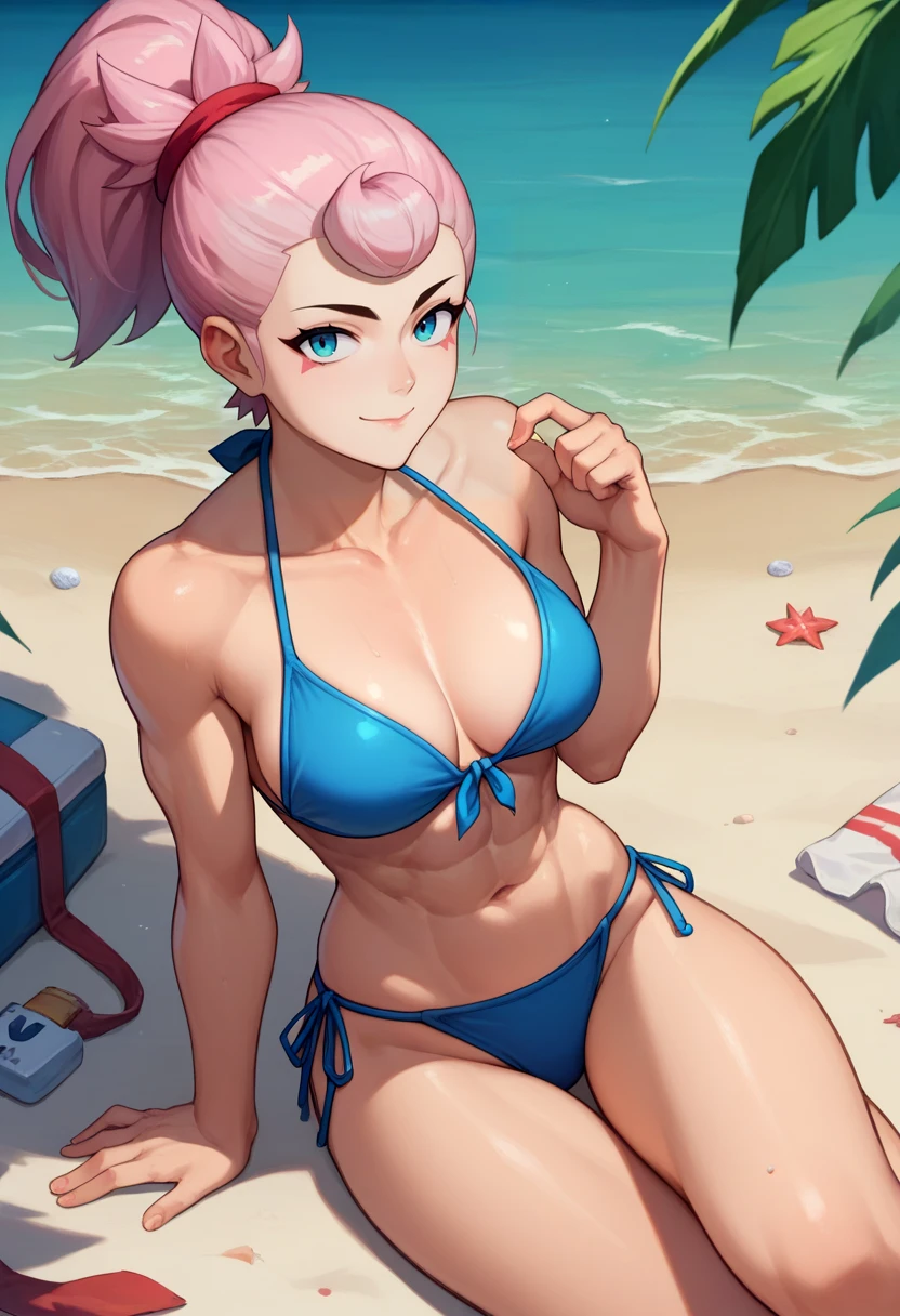 　High level image quality　best image quality　8K　 adult woman    pool party  rain　palm trees  more colors   whole body view　portrait　 bikini   　horn    ears  　short hair（（shortcut）（gray hair）（perm）（fluffy））　eye color is blue ,  , 　attractive evil face , smile   ,  sexy pose   ,  labrynth ,  barearm    , wearing pink shirt    , sitting on person by the pool , crossed legs  , all wet , view from below 