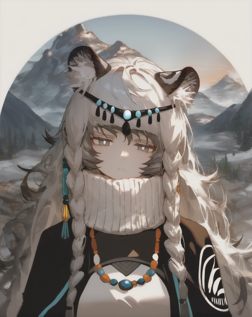 score_9,score_8_up,score_7_up,best quality,masterpiece,uncensored,source_anime,rating_safe,1girl,<lora:pramanix(arknights):1>,pramanix,pramanix \(arknights\),mountain,tired,scowl,dark_persona,