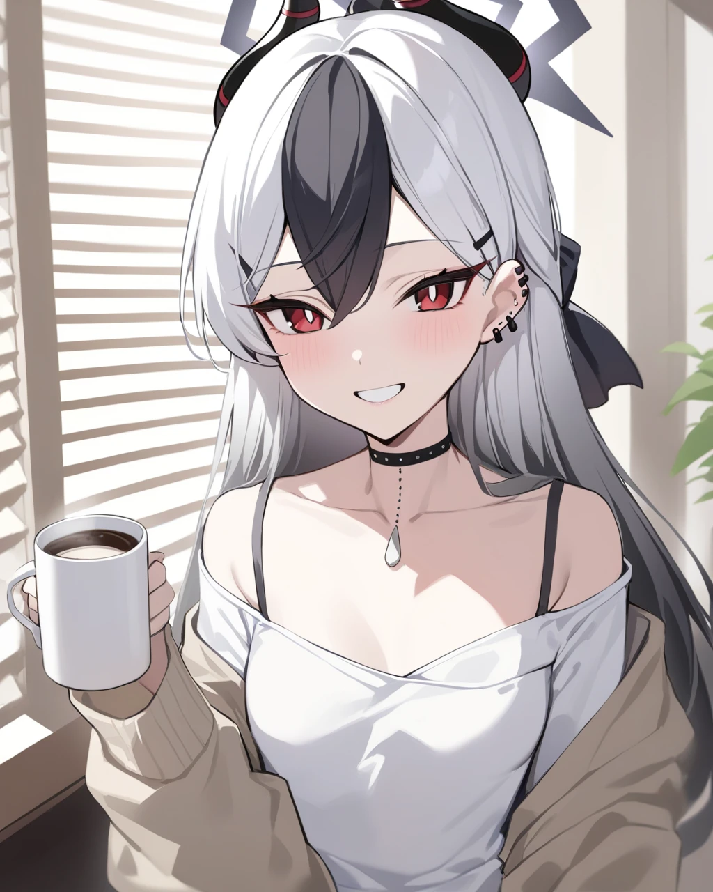 masterpiece,best quality,<lora:kayoko:1>,1girl, kayoko_\(blue_archive\), blinds, cup, solo, multicolored_hair, red_eyes, black_hair, choker, holding, holding_cup, looking_at_viewer, two-tone_hair, white_hair, coffee, piercing, horns, ear_piercing, breasts, long_hair, coffee_mug, smile, bangs, earclip, small_breasts, mug, open_clothes, collarbone, black_choker, shirt, off_shoulder, halo, white_shirt, grin