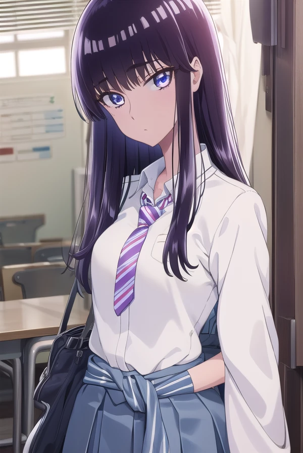 akiratachibana, <lora:akira tachibana s1-lora-nochekaiser:1>,
akira tachibana, long hair, black hair, (purple eyes:1.1),
BREAK skirt, shirt, school uniform, white shirt, pleated skirt, necktie, shoes, socks, striped, miniskirt, sweater, blue skirt, kneehighs, cardigan, black socks, loafers, sleeves rolled up, clothes around waist, striped necktie, jacket around waist, sweater around waist,
BREAK indoors, classroom,
BREAK looking at viewer, (cowboy shot:1.5),
BREAK <lyco:GoodHands-beta2:1>, (masterpiece:1.2), best quality, high resolution, unity 8k wallpaper, (illustration:0.8), (beautiful detailed eyes:1.6), extremely detailed face, perfect lighting, extremely detailed CG, (perfect hands, perfect anatomy),