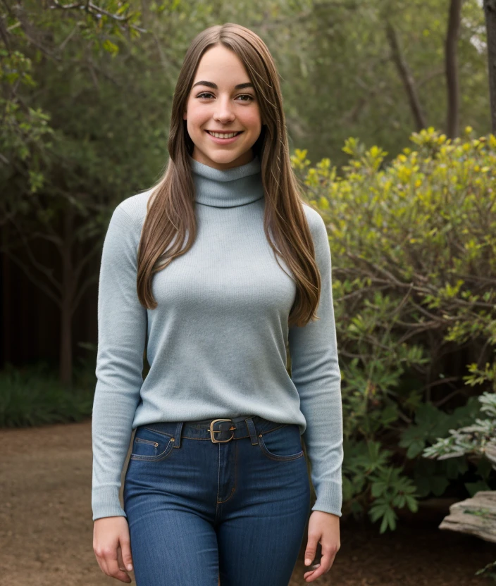 <j3r1l1>, ((nature background)), Ultra-HD-details, nature, upper body, smile, jeans, Turtleneck,