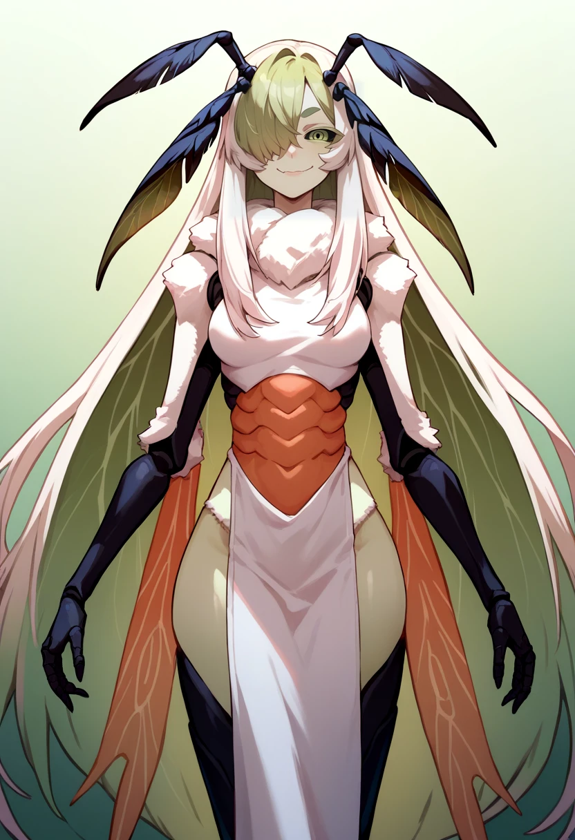 score_9, score_8_up, score_7_up, source_anime, rating_safe, solo, 1girl, juniperactias, arthropod girl, colored skin, extra arms, smug, looking at viewer, long hair, hair over one eye, antennae, colored sclera, pelvic curtain, wings, gradient background <lora:oc_juniperactias_ponyXL:1>