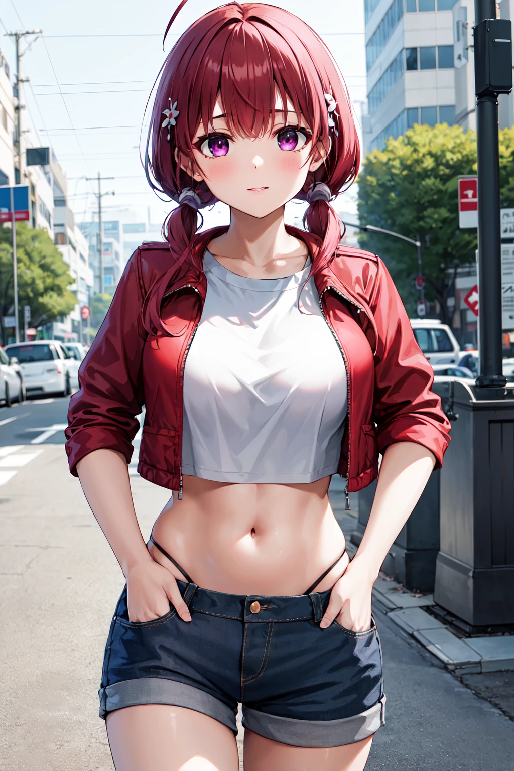 masterpiece, best quality, highres, 1girl, solo, red hair, low twintails, ahoge, hair ornament, purple eyes, large breasts, <lora:hashima_izumi_v1:0.7>, walking, cowboy shot, crop top, cropped jacket, shirt, midriff, short shorts, hand in pocket, street,