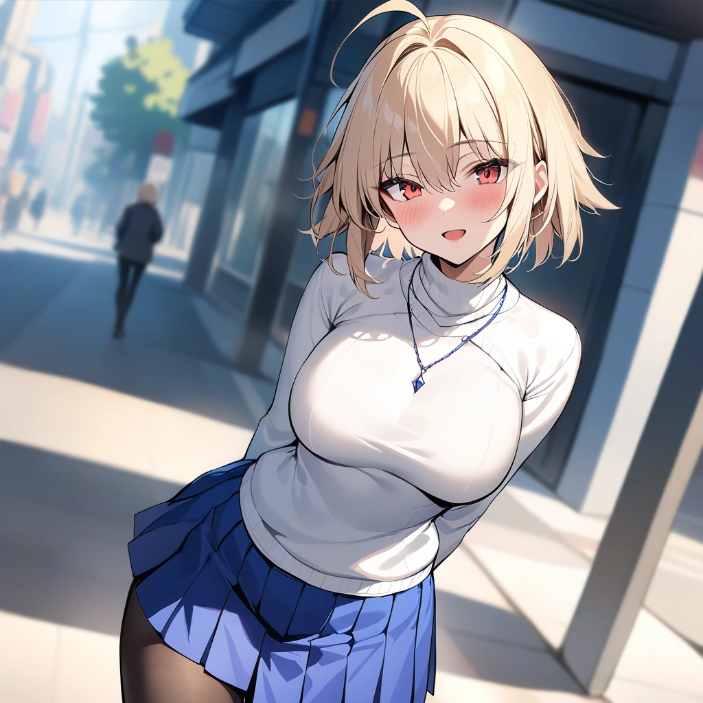 takashi takeuchi、Tsukihime、Warden Brunestad、女の子1人、Ahoge、(a blond:1.3)、a miniskirt、(Blue skirt:1.3)、red eyes、short-hair、skirt by the、Smile with open mouth、(独奏)、White sweater、(White turtleneck:1.3)、((masterpiece))、Black pantyhose、(black thighhighs:1.3)、(Skirt lift:1.3), (Pink panty:1.3)、(Skirt that rolls up:1.3)、(Fully exposed panties:1.5)、outside of house、plein air、blue-sky