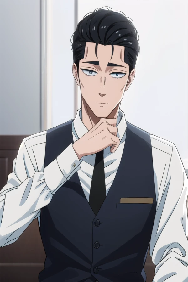 masamikondou, <lora:masami kondou s1-lora-nochekaiser:1>,
masami kondou, short hair, black hair, male focus, (black eyes:1.5), mature male,
BREAK shirt, long sleeves, white shirt, necktie, collared shirt, pants, vest, black pants, black necktie, black vest,
BREAK indoors, restaurant,
BREAK looking at viewer, (cowboy shot:1.5),
BREAK <lyco:GoodHands-beta2:1>, (masterpiece:1.2), best quality, high resolution, unity 8k wallpaper, (illustration:0.8), (beautiful detailed eyes:1.6), extremely detailed face, perfect lighting, extremely detailed CG, (perfect hands, perfect anatomy),