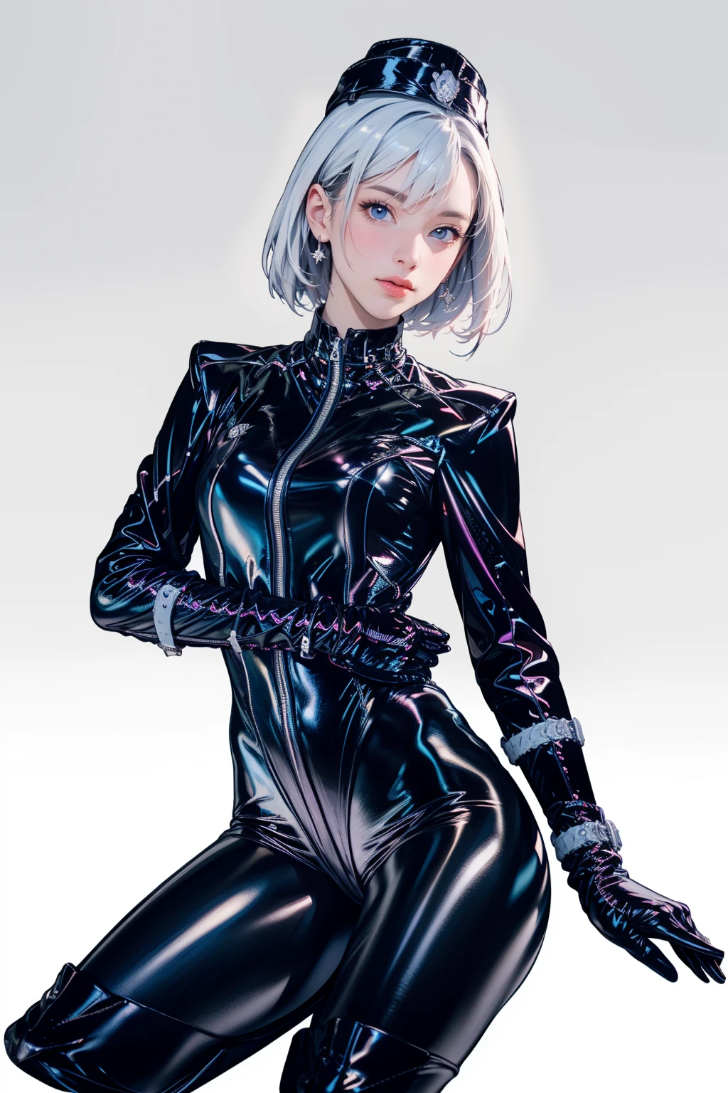 1girl,solo,<lora:GoodHands-beta2:1>,<lora:0071 imperial communications officer_v1:0.9>,bodysuit,ruanyi0071,hat,leather,(cowboy shot:1.2),, (photorealistic:1.4)(realistic, photo-realistic:1.4),(masterpiece, best quality:1.4),ultra high res,8k UHD,HDR,RAW,incredibly absurdres,official art,vivid colours,lens 135mm,f1.8,depth of field,cover_page,Rim lighting,magazine_cover,rim lighting,((stunning gradient colors)),
1 girl,(solo),Sit,,White background,