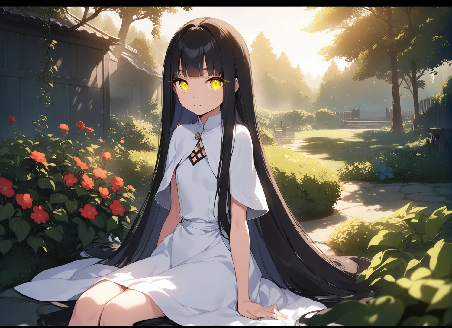 anime screencap, visual novel, (artwork), (masterpiece), (amazing work), (masterpiece), (black hair:1.1), yellow eyes, blunt bangs, blunt ends, hime cut, long hair, very long hair, small breasts, (glowing eyes:1.1), <lora:ke-ta_3-000003:0.6>, ke-ta, sitting, garden, sun, happy, capelet