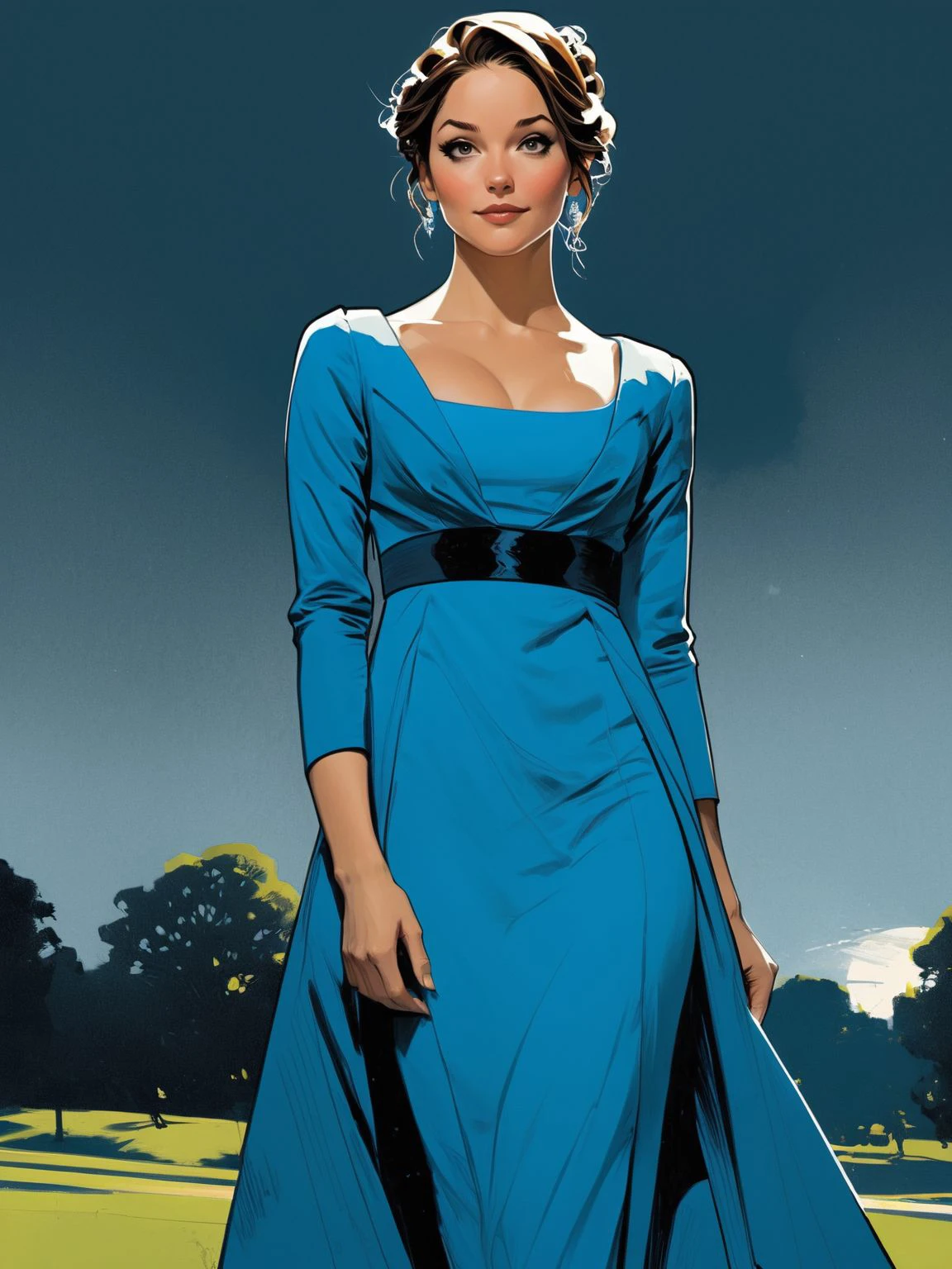 art by ashley wood, art by jim mahfood, art by sparth, art by blek le rat, [melissa benoist|katherine mcphee], striking eyes, flawless skin, Deep Sky Blue scoop neck regency period dress, confident and graceful posture, park <lora:niji:0.5> <lora:ComicBookStyleSDXL:0.5> <lora:Regency_Period:0.7>