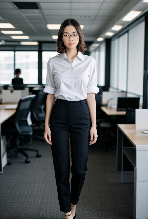 full body shot of business photo of ranulysid, pants, black attire, big breasts, big round metal glasses, collared shirt, tucked shirt, <lora:ranulysid:1>. Professional attire, workplace setting, confident. Whole outfit, clear, sharp, balanced