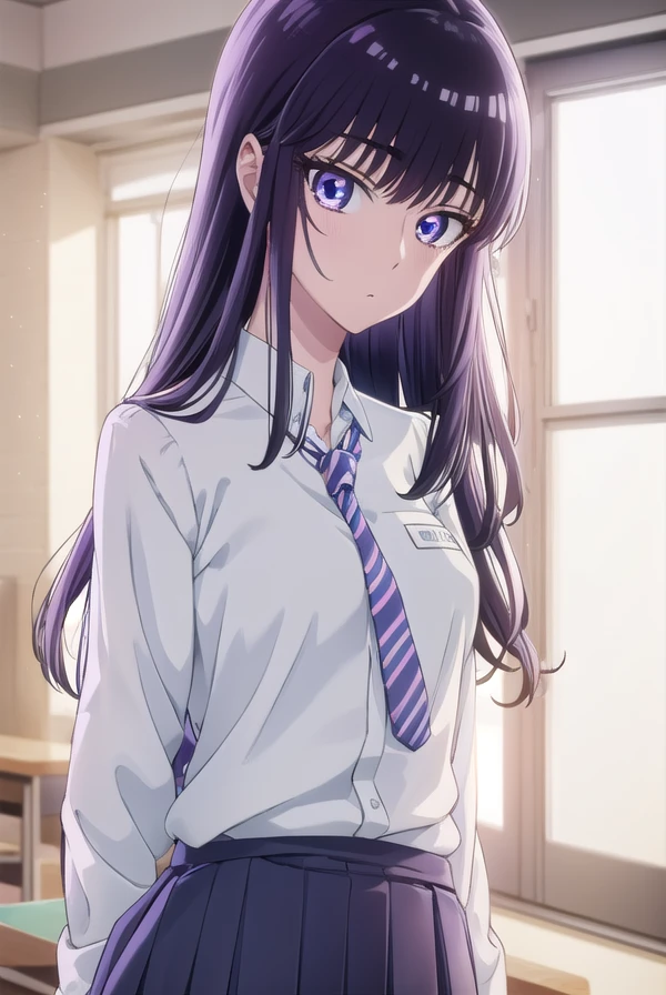 akiratachibana, <lora:akira tachibana s1-lora-nochekaiser:1>,
akira tachibana, long hair, black hair, (purple eyes:1.1),
BREAK skirt, shirt, school uniform, white shirt, pleated skirt, necktie, shoes, socks, striped, miniskirt, sweater, blue skirt, kneehighs, cardigan, black socks, loafers, sleeves rolled up, clothes around waist, striped necktie, jacket around waist, sweater around waist,
BREAK indoors, classroom,
BREAK looking at viewer, (cowboy shot:1.5),
BREAK <lyco:GoodHands-beta2:1>, (masterpiece:1.2), best quality, high resolution, unity 8k wallpaper, (illustration:0.8), (beautiful detailed eyes:1.6), extremely detailed face, perfect lighting, extremely detailed CG, (perfect hands, perfect anatomy),