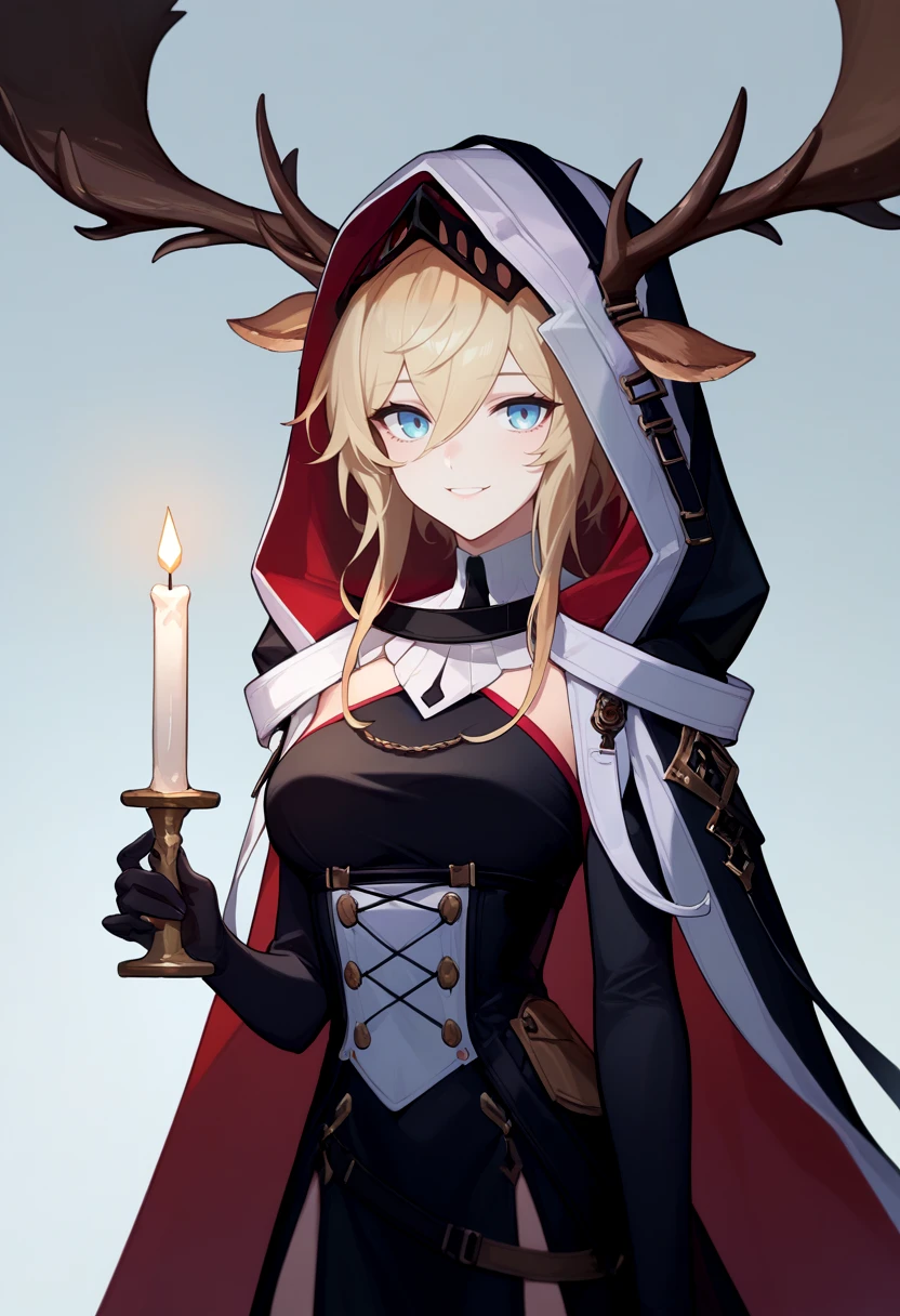 score_9, score_8_up, score_7_up, source_anime, solo, 1girl, viviana, smile, looking at viewer, holding candle, deer ears, antlers, hood up, hooded cape, black dress, underbust, black gloves <lora:arknights_viviana_ponyXL-04:1>