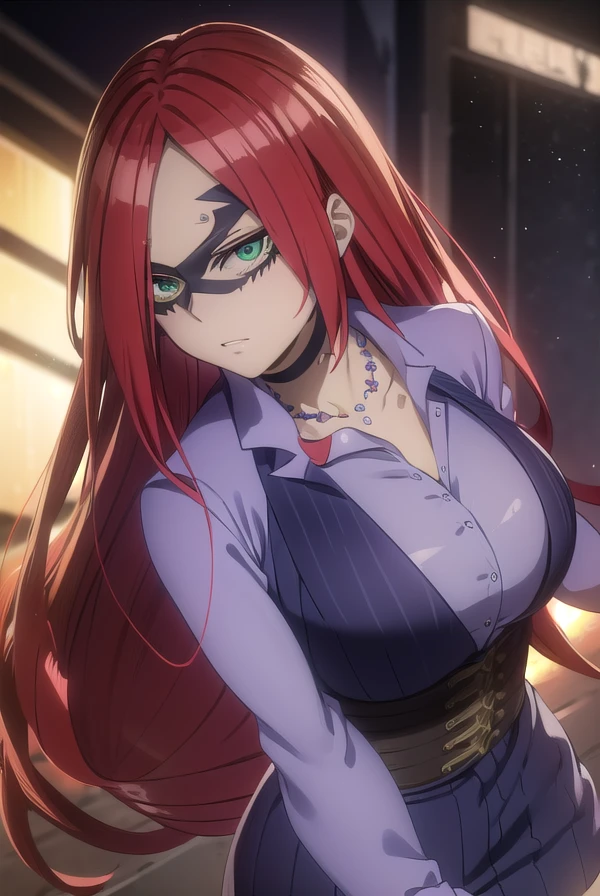 kirukahasaki, <lora:kiruka hasaki movie2-lora-nochekaiser:1>,
kiruka hasaki, long hair, red hair, mask, domino mask, (green eyes:1.3), (forehead:1.2),
BREAK thighhighs, gloves, boots, choker, black footwear, shirt, purple shirt, collared shirt, collarbone, necklace, belt, corset, skirt, long sleeves, cleavage,
BREAK outdoors,
BREAK looking at viewer, (cowboy shot:1.5),
BREAK <lyco:GoodHands-beta2:1>, (masterpiece:1.2), best quality, high resolution, unity 8k wallpaper, (illustration:0.8), (beautiful detailed eyes:1.6), extremely detailed face, perfect lighting, extremely detailed CG, (perfect hands, perfect anatomy),