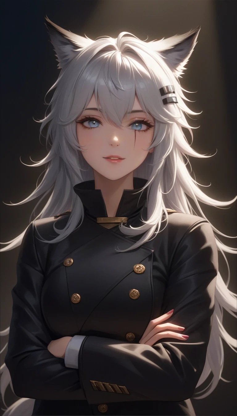  scar across eye, ((orig, lappland (arknights))), 1girl,solo,long hair,looking at viewer,smile,bangs,simple background,hair ornament,long sleeves,white background,animal ears,hair between eyes,jacket,upper body,white hair,one eye closed,hairclip,black jacket,grey eyes, crossed arms,wolf ears, scar across eye

(masterpiece, best quality), dim light, cinematic shot, absurdres, HD, 8k, beautiful, detailed, sharp, cinematic lighting, highest quality, ((perfect face, very deep eyes)), Milf, mature female,
(masterpiece, best quality), dim light, cinematic shot, absurdres, HD, 8k, beautiful, detailed, sharp, cinematic lighting, highest quality, ((perfect face, very deep eyes)), Milf, mature female,