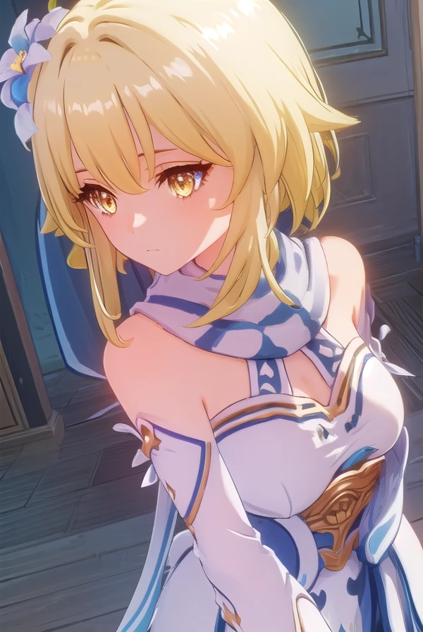 genshinlumine, <lora:genshin lumine ingame-lora-nochekaiser:1>,
lumine, bangs, blonde hair, hair ornament, hair between eyes, (yellow eyes:1.3), flower, hair flower, feather hair ornament,
BREAK dress, bare shoulders, detached sleeves, scarf, white dress, white footwear, cleavage, detached collar,
BREAK outdoors,
BREAK looking at viewer, (cowboy shot:1.5),
BREAK <lyco:GoodHands-beta2:1>, (masterpiece:1.2), best quality, high resolution, unity 8k wallpaper, (illustration:0.8), (beautiful detailed eyes:1.6), extremely detailed face, perfect lighting, extremely detailed CG, (perfect hands, perfect anatomy),