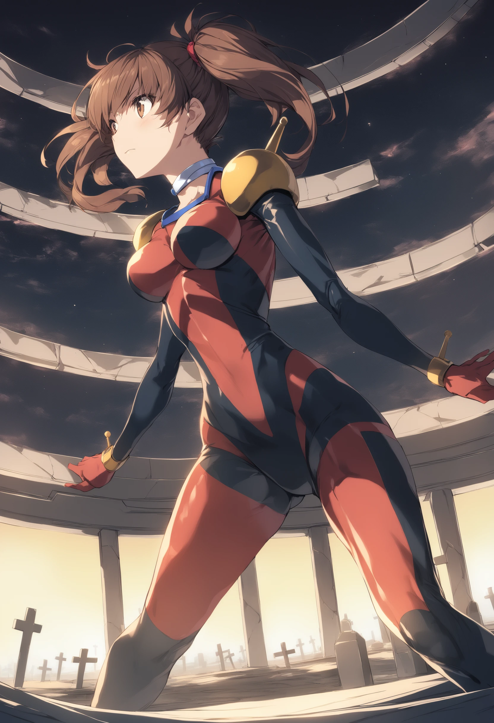 (masterpiece, best quality, 8k, highres:1.2), leotard, highleg, groin, thighhighs, elbow gloves, hero suit, faint smile, super girl, crystal on chest, color timer, ultra heroine, body armor, body suit, chest armor, sunrise,
