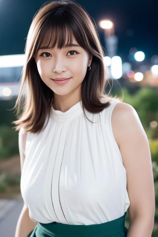 1girl,(RAW photo, best quality), (realistic, photo-realistic:1.4), masterpiece, an extremely delicate and beautiful, extremely detailed, 2k wallpaper, Amazing, finely detail, extremely detailed CG unity 8k wallpaper, ultra-detailed, highres, soft light, beautiful detailed girl, extremely detailed eyes and face, beautiful detailed nose, beautiful detailed eyes,cinematic lighting,perfect anatomy,slender body,smiling
city lights at night,at a train station in tokyo,(bokeh)
wearing blouse and skirt
<lora:watanabenagisa_lora:0.8>