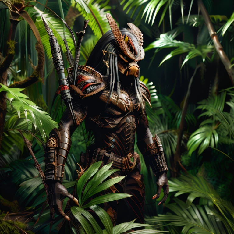 <lora:Prdr_V1_5-000105:1>rik, masked predator stands guard in the jungle, masterpiece, highly detailed, realistic