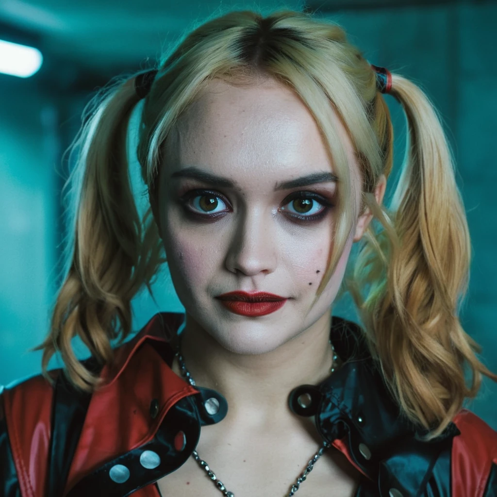 High res closeup portrait photo of an actress dressed as Harley Quinn, f /2.8, Canon, 85mm,cinematic, high quality, skin texture, looking at the camera, , <lora:olcooke_xl_1_standard_wo_cap-000060:1>