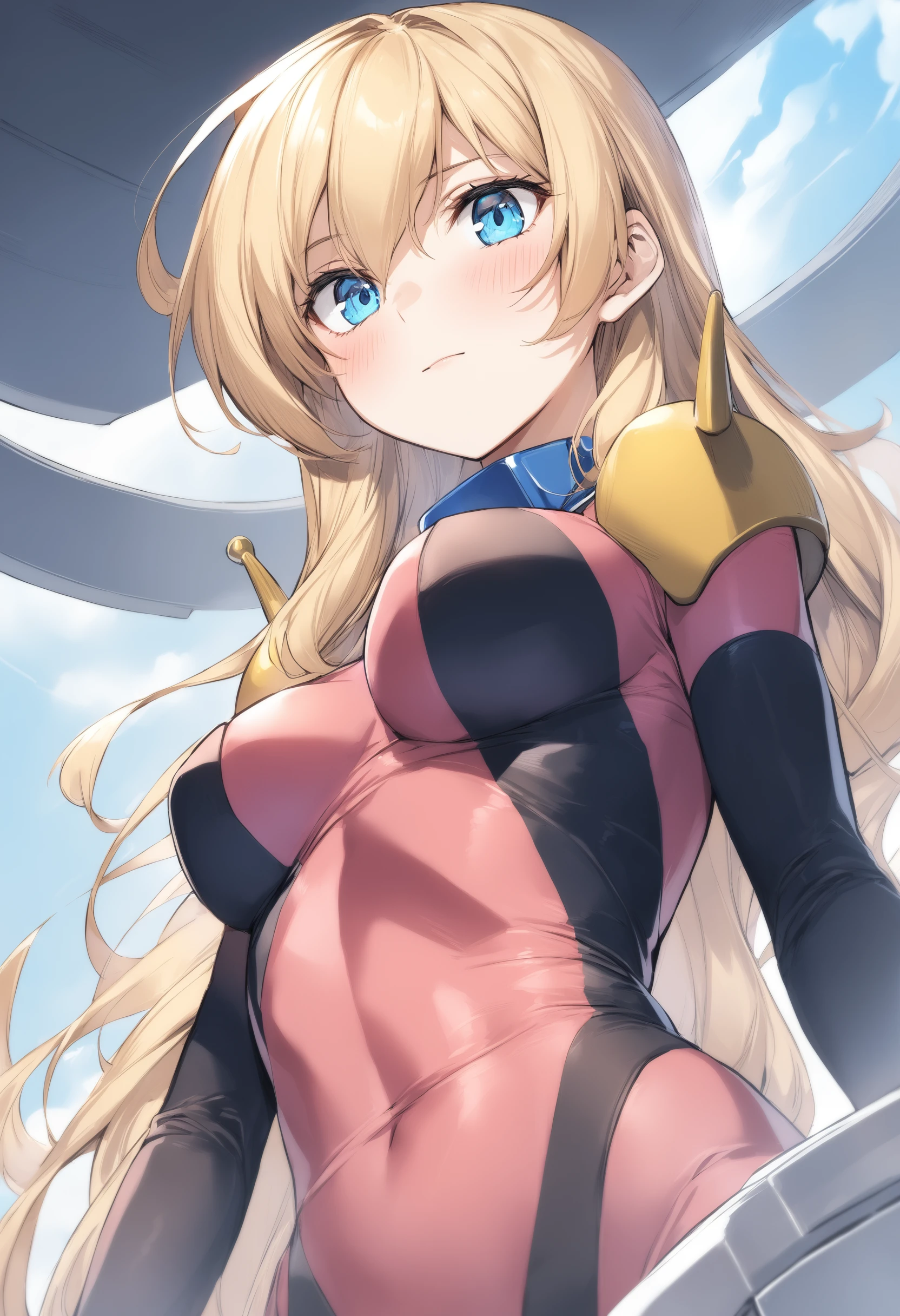 (nsfw:0.7),(RED Ribbon on HAIRband:1.2),(8k back ground), ((deep shadow)), (ultra fine illustration), (best quality), (insanely detailed eyes mouth lip hair arms legs clothes back ground), (1girl, girly makeup, surprise, shocked, blond, blunt bangs,long curly hair, Medium breasts and thighs), (wearing red patent leather body suit), cameltoe, ((madeon, from below, seiling)), ((crotch close-up)), (steam), (((straddling a pov body))),(pointy_groin)