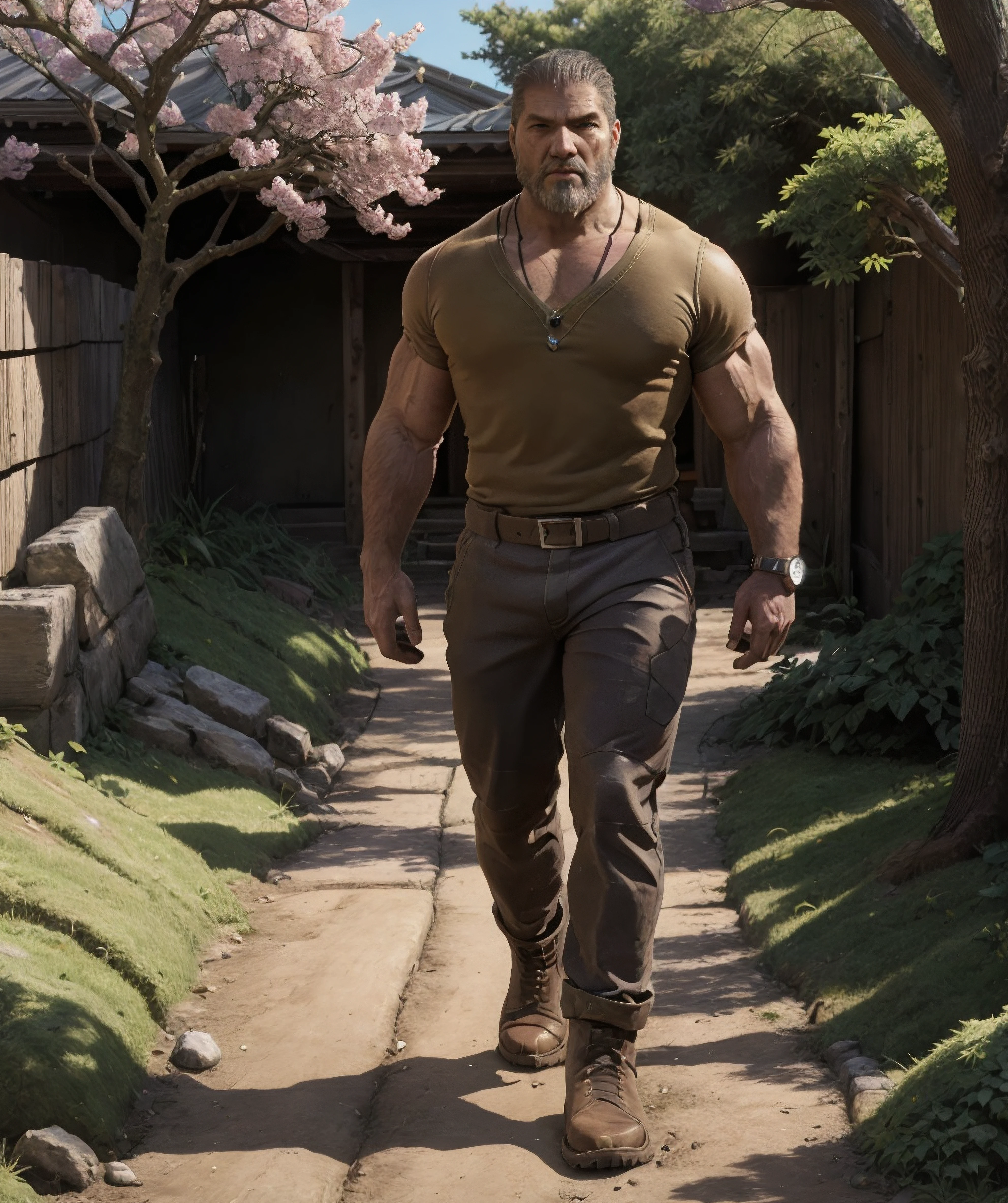 marcus_fenix, (muscular), farmer suit, short pant, looking at viewer, sakura tree, walking, old, beard, necklace <lora:Marcus_Fenix:0.8>