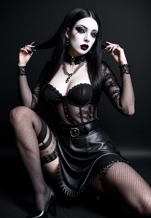 gothic, 1girl, solo, long hair, looking at viewer, skirt, black hair, dress, jewelry, pantyhose, earrings, parted lips, belt, necklace, nail polish, bracelet, torn clothes, tattoo, makeup, chain, lipstick, fishnets, pale skin, black nails, eyeshadow, pencil skirt, fishnet pantyhose, torn pantyhose, gothic, black lips <lora:gothic_v1:1>