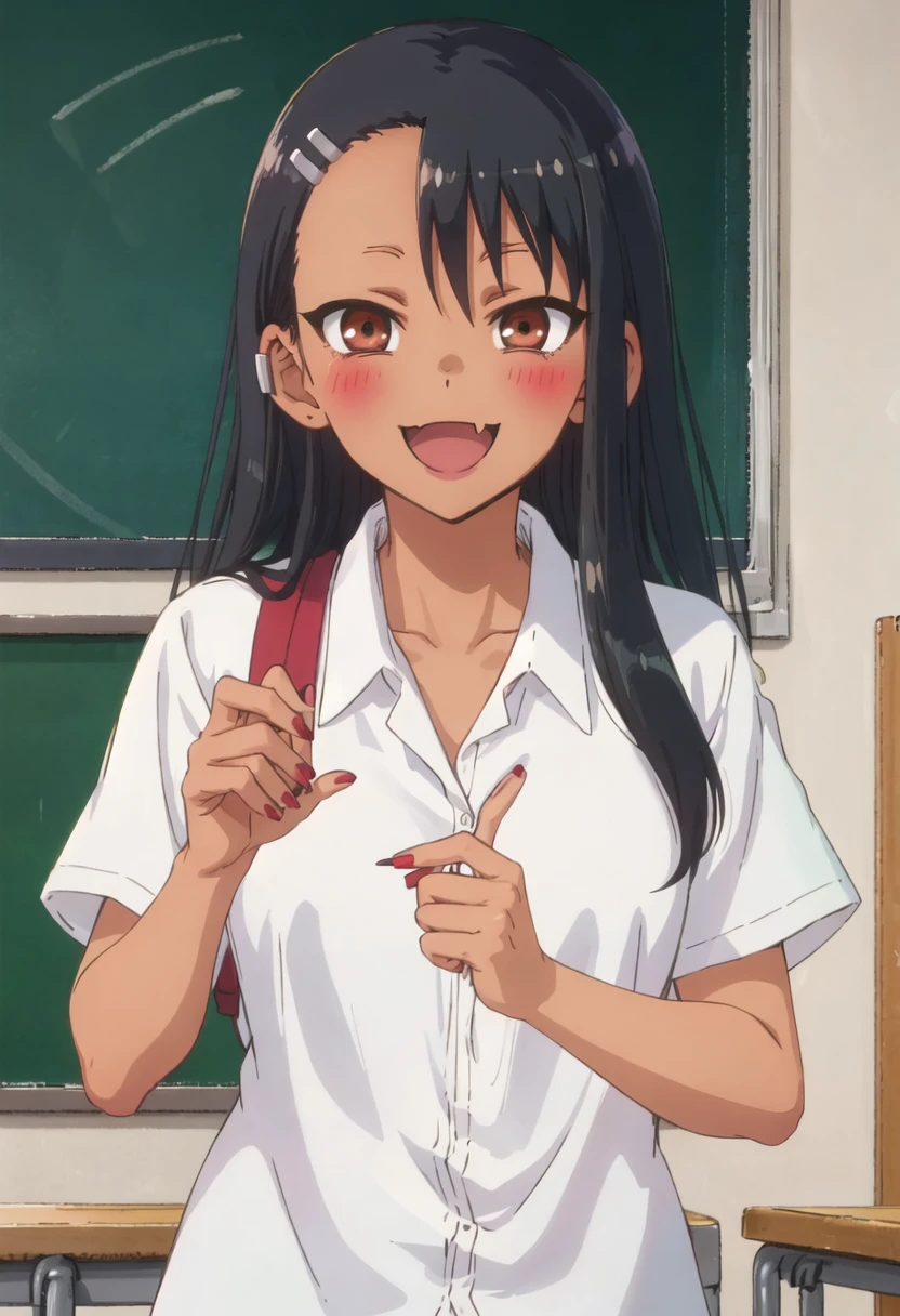 best quality, masterpiece, highres, solo, {nagatoro_hayase_donttoywithmemissnagatoro:0.90}, 1girl, classroom, earclip, indoors, looking_at_viewer, nail_polish, red_nails, blush, chalkboard, skin_fang, smug, white_shirt, fingernails, portrait, smirk, :d, open_mouth, school_uniform