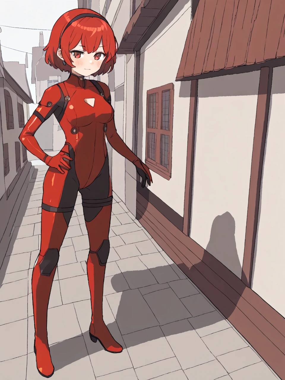 (art by amonitto:1.5), 1girl, standing, in a town, (town:1.4), red leather bodysuit, <lora:ConfettiTail:1>, red hair, solo