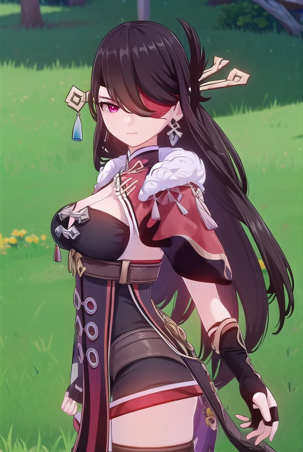 beidou, <lora:genshin beidou ingame-lora-nochekaiser:1>,
beidou, long hair, bangs, brown hair, black hair, hair ornament, (red eyes:1.3), (hair over one eye:1.5), (eyepatch:1.5), hairpin, (one eye covered:1.5), smile, grin,
BREAK thighhighs, gloves, cleavage, jewelry, earrings, black gloves, fingerless gloves, fur trim, chinese clothes, vision \(genshin impact\),
BREAK outdoors,
BREAK looking at viewer, (cowboy shot:1.5),
BREAK <lyco:GoodHands-beta2:1>, (masterpiece:1.2), best quality, high resolution, unity 8k wallpaper, (illustration:0.8), (beautiful detailed eyes:1.6), extremely detailed face, perfect lighting, extremely detailed CG, (perfect hands, perfect anatomy),