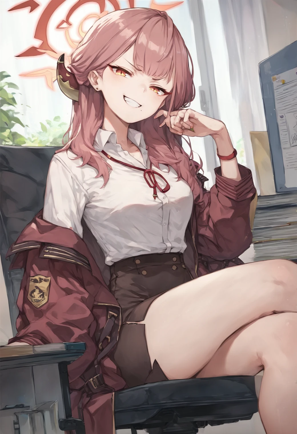 score_9, score_8_up, score_7_up, source_anime, 1girl,long hair,breasts,looking at viewer,blush,smile,bangs,long sleeves,sitting,jacket,white shirt,pink hair,horns,black skirt,feet,red ribbon,black pantyhose,fur trim,neck ribbon,toes,halo,crossed legs,fur-trimmed coat,brown coat,office chair,coat on shoulders,aru \(blue archive\) <lora:hsuliherng-Style-PonyXL-Dora-v1.2-000072:1>