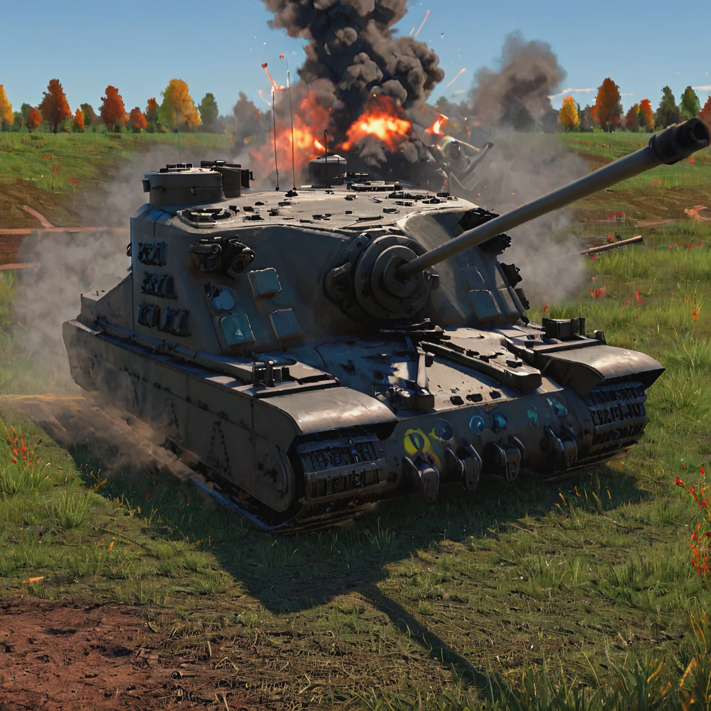 A trtsetnk tank on a foggy European battlefield, its formidable silhouette emerging from the mist as it advances across a field strewn with the remnants of a recent skirmish. The eerie quiet and the damp, foggy air add to the scene's tension and mystery  ((pulp_comic, heavy_lines, hand_drawn, hand_inked, hand_colored, perfect_face, apxlz))