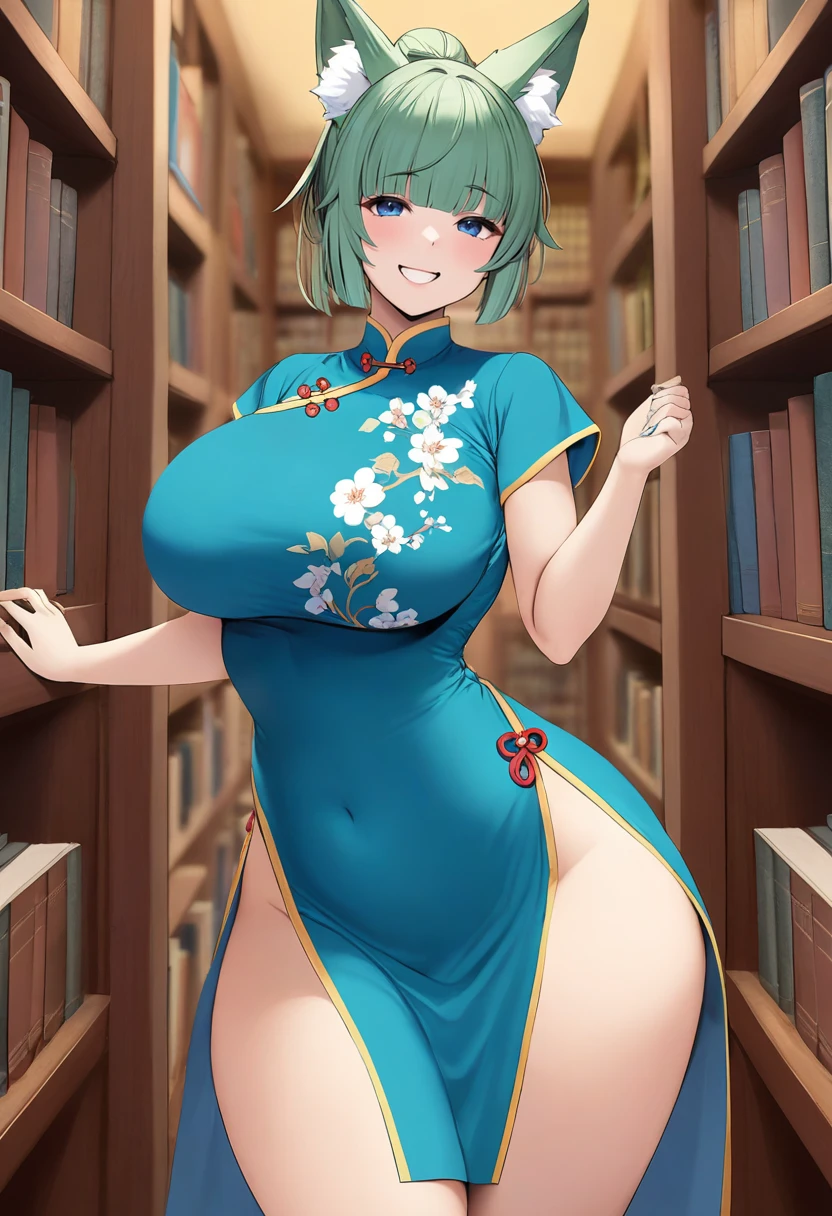 masterpiece, best quality, 1girl, solo, library, blue eyes, green hair, fox girl, fox ears, qipao, standing, cowboy shot, standing, facing front, blue chinese dress, grin, blush, big breasts, wide hips, thick thighs, blunt bangs, ponytail, by marushin <lora:Marushin-Style-AniXL-grad1:1>