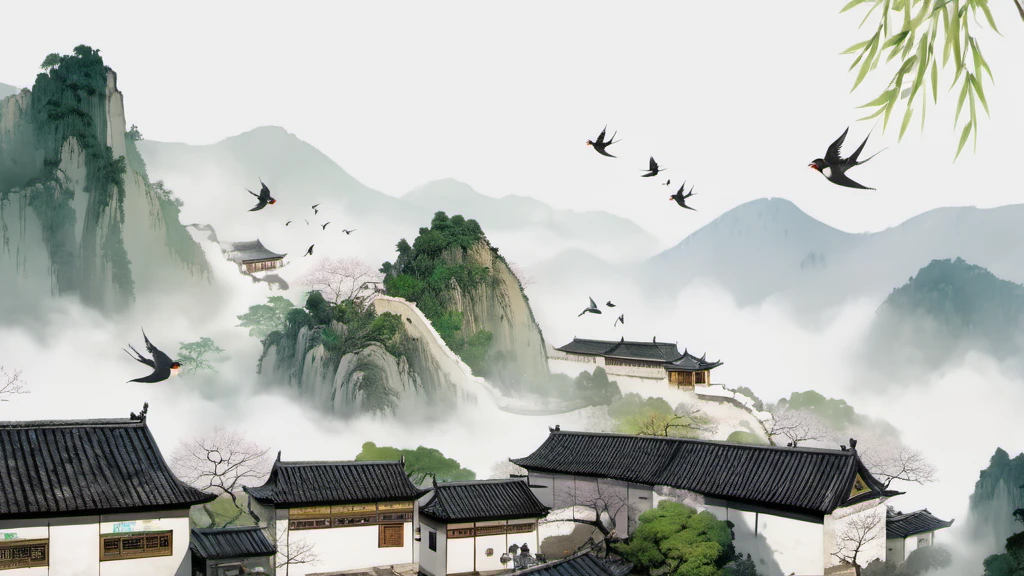 Sweeping Day Photography, a painting of a chinese village with a bird flying over it, best quality, high quality, masterpiece, 8K UHD, highly detailed, ultra detailed <lora:sweeping-day_lora_r64_sdxl:0.8>