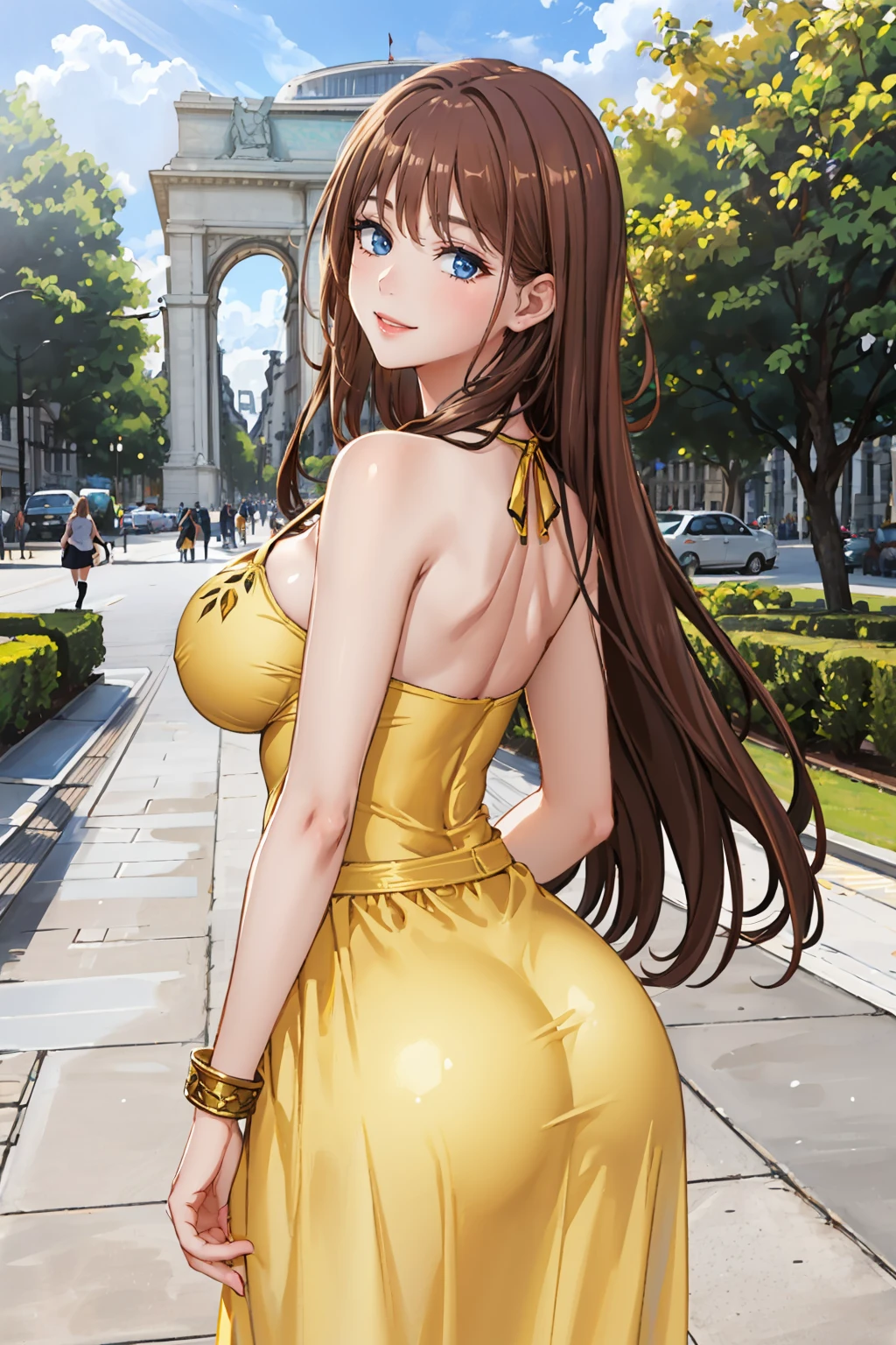 masterpiece, best quality, <lora:dmastraea-nvwls-v1-000009:0.8> dmastraea, very long hair, yellow sundress, huge breasts, from behind, smile, garden, marble arch <lora:edgChamYellowSundress:1> edgYSD,woman wearing a yellow sundress
