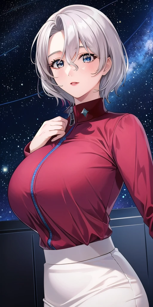 <lora:SallySaintFordV3:0.7> sallysaintford, huge_breasts, standing, solo, Red_shirt_Long_sleeves_Zipper_White_pencil_skirt_miniskirt, starry_sky,, masterpiece, best_quality, detailed_face, detailed_eyes, highres, beautiful, detailed,