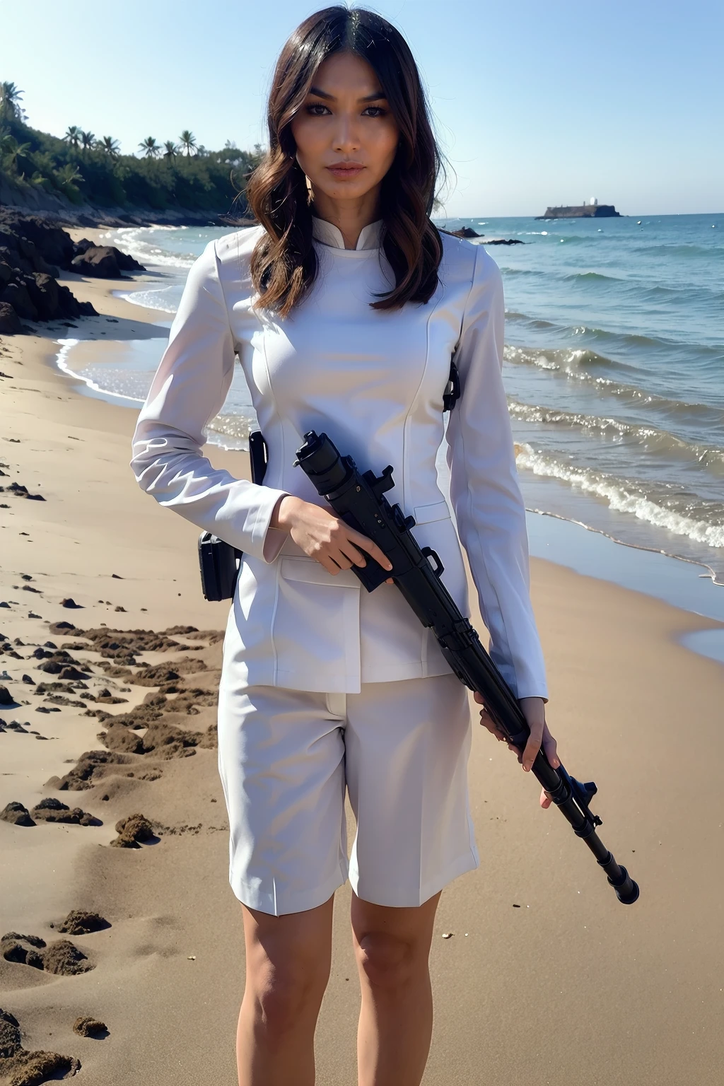 best quality,masterpiece,(white navy uniform:1.3),(beach:1.4),(Holding a machine gun:1.4), (gemma chan), <lora:Gamme chan V1:1>,looking at viewer,
