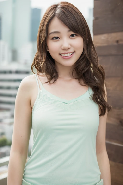 1girl, (mint green camisole:1.6),(RAW photo, best quality:1.4), (realistic, photo-realistic:1.4), masterpiece, an extremely delicate and beautiful, extremely detailed, 2k wallpaper, Amazing, finely detail, extremely detailed CG unity 8k wallpaper, ultra-detailed, highres, soft light, beautiful detailed girl, extremely detailed eyes and face, beautiful detailed nose, beautiful detailed eyes,cinematic lighting,(blurry,bokeh backgound:1.6),(city view:1.6),perfect anatomy,(slender body:1.0),(close up face,focus face:1.4),(smile,Friendly, warm:2.0),(looking at viewer:1.8),(young japanese idol:1.8),(wavy long brown hair:1.8), (brown eyes:1.8),(standing:1.6), <lora:koharakonomi_lora-10:0.8>