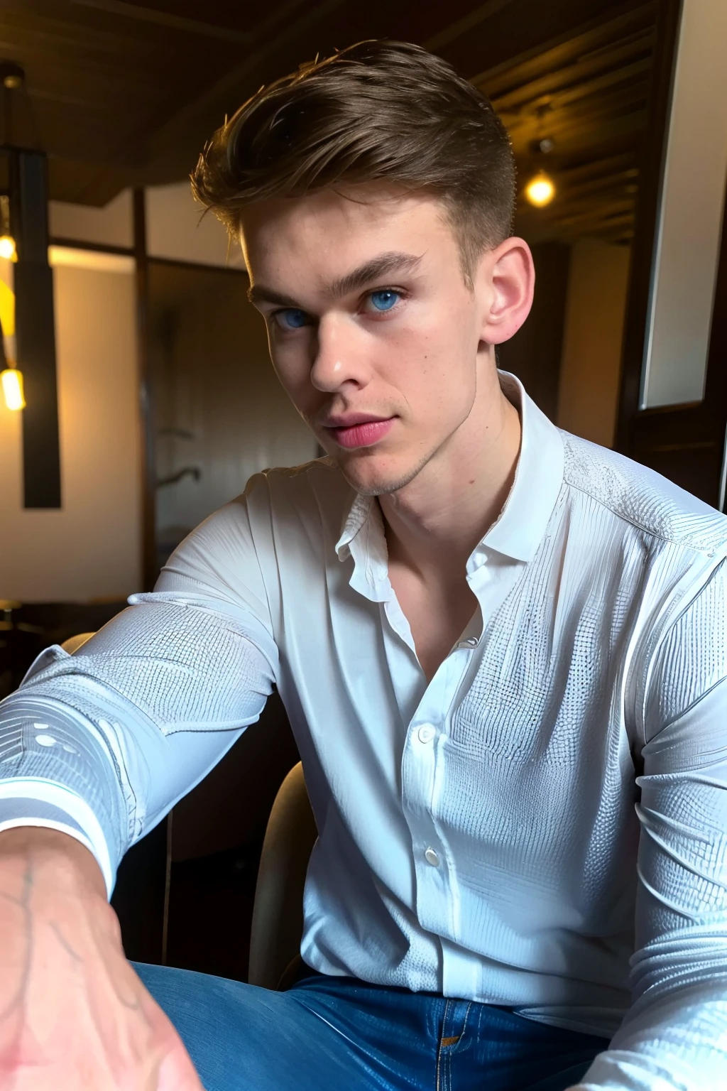 <lora:468C31858D:0.9> Jeorg (1boy) a photorealistic candid still, sitting at a cafe, jeans and white button down dress shirt, (fit 20 year old twunk), muscular fit build, skinny waist, light blue eyes, clean shaven, smooth everywhere, RAW photo, detailed photo, gorgeous, shallow depth of field, bokeh, vibrant saturated color, volumetric lighting, iridescent skin, (surreal:0.4), hyper detailed photorealistic life-like accurate proportional 8k sharp focus, (accurate cinematic lighting), photorealistic detail, (selective focus:0.6)