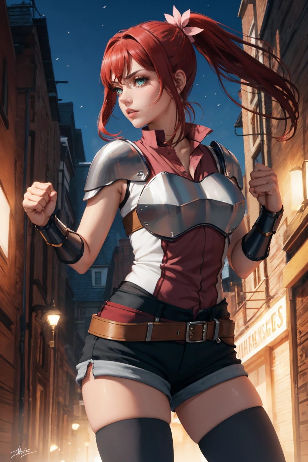 masterpiece, best quality, <lora:dmalise-nvwls-v1-000009:0.9> alise, ponytail, sleeveless shirt, armor, shoulder armor, black shorts, belt, clothes around waist, black thighhighs, gauntlets, large breasts, fists, furrowed brow, looking at viewer, from side, sky