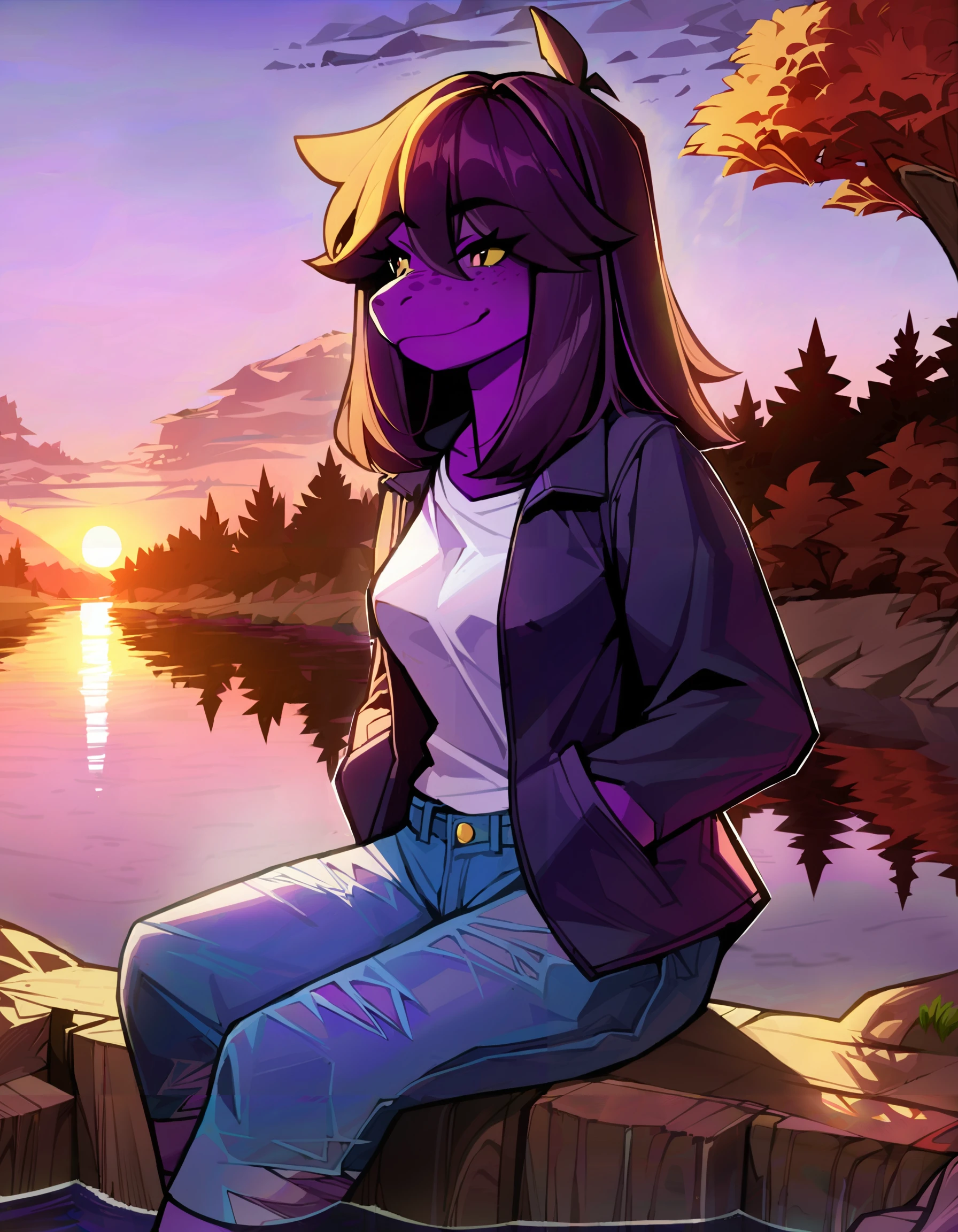 lightsusie, tree, sitting, nature, outdoors, hands in pockets, water, smile, sunset, river, masterpiece, best quality